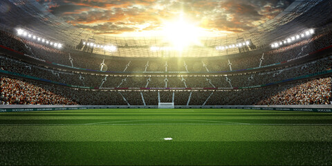 Fototapeta na wymiar Empty soccer stadium in the evening light