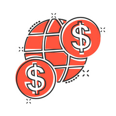 Global business icon in comic style. Money transaction cartoon vector illustration on white isolated background. Banknote bill security  splash effect business concept.