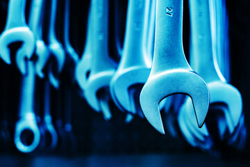 Spanners. Tools for tightening nuts on bolts. Selective focus. Toned photo