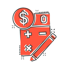 Tax payment icon in comic style. Budget invoice cartoon vector illustration on white isolated background. Calculator with dollar coin and pencil splash effect business concept.