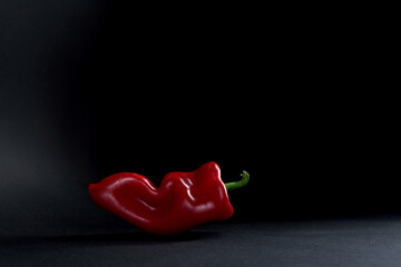 One whole red sweet bell pepper isolated on black background with copy space