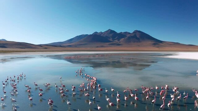 Sunrise aerial view of Laguna de Canapa with flamingo, Bolivia, Altiplano.