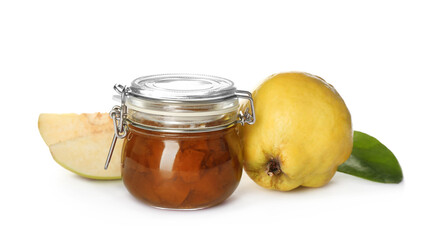 Delicious quince jam and fruits isolated on white