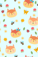 Fototapeta premium Summer seamless pattern with cute foxes. Vector graphics.