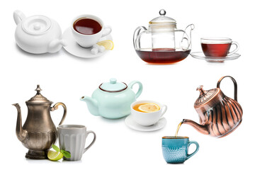 Collage of teapots and cups of hot drink on white background