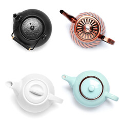 Set of different teapots on white background, top view