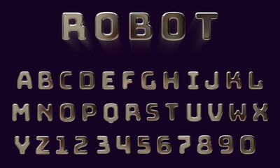 Alphabet letter set and numbers with glossy metal texture (chrome, steel, silver), futuristic robot abc, 3D rendering, premium bold uppercase font design for technology, movie, digital