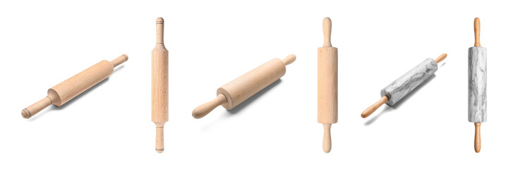 Collage of different rolling pins on white background