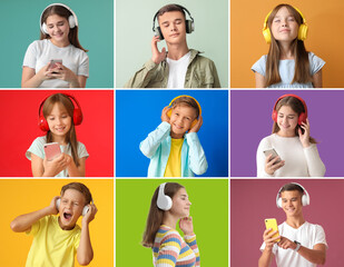 Collage of different kids with modern headphones listening to music on color background