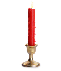 Glowing wax candle on white background