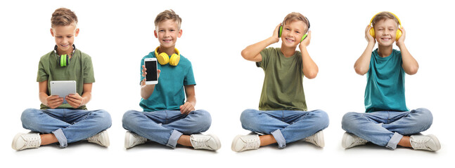 Collage of little boy with modern headphones and devices on white background