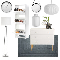Collage of different elements for hallway interior on white background