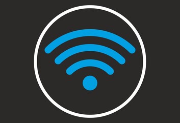 Blue wifi icon in white circle with black background, flat vector