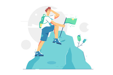 Happy man reached top of mountain vector illustration. Male standing on mountain peak top with flag flat style. Mission accomplished, success, motivation, career concept. Isolated on white background