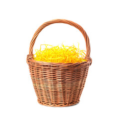 Fototapeta na wymiar Wicker basket with yellow filler isolated on white. Easter item