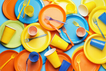 Plastic tableware on color background