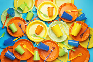 Plastic tableware on color background