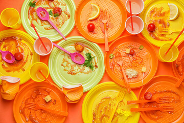 Dirty plastic tableware on color background