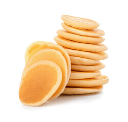 Stack of tasty pancakes on white background