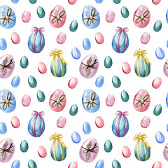 Watercolor hand painted seamless pattern with colorful shiny Easter eggs on white background. Festive digital paper.