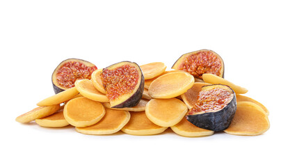 Tasty pancakes with figs on white background