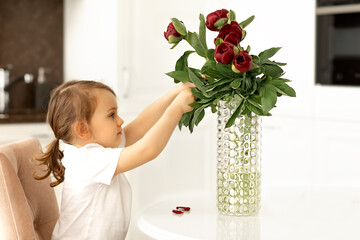 Toddler girl sits at a white table and cares for a bouquet of red peony flowers