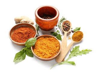 Bowls with different spices and herbs on white background
