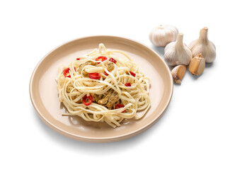 Plate with tasty noodles, chicken and garlic on white background