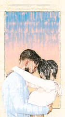 Young couple in love in sketch style. Beautiful relationship between man and woman. Vertical orientation