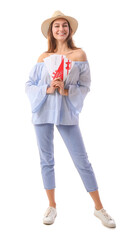 Beautiful young woman with gift voucher on white background