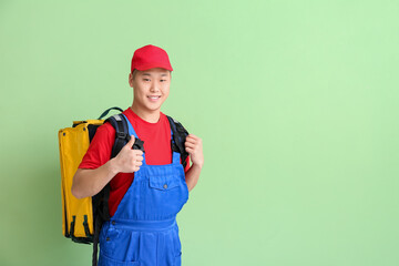 Courier of food delivery service on color background