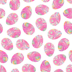 Easter eggs seamless pattern with decorated dyed in pink and multicolored circles and lines. Watercolor illustration flat design. For the design of invitations, prints, wrapping paper.