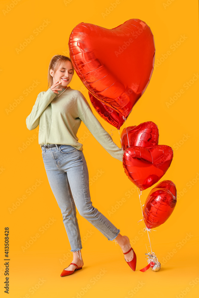 Sticker Beautiful young woman with air balloons on color background. Valentine's Day celebration