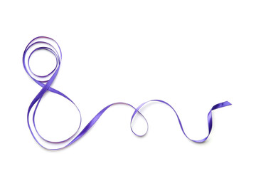 Fototapeta na wymiar Figure 8 made of violet ribbon on white background. International Women's Day celebration