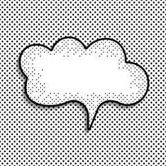 Vector comic speech bubble on polka dots black and white background. Isolated colorful banner, empty paper shape. Cartoon flat illustration for chat. Template frame. Hand draw style, dialog cloud.