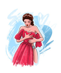 Hand drawn beautiful young woman. Print for T-shirt.Fashion woman look. Sketch. Vector illustration