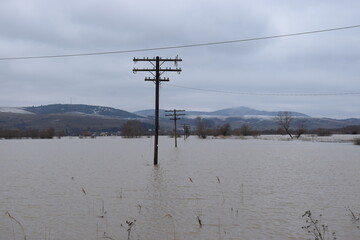 Flooded landscape with wooden poles and grey sky