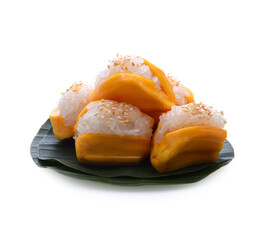 Jackfruit with jackfruit leaf, isolated on white background.