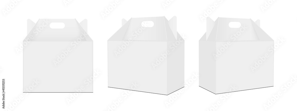 Poster carry boxes with handle isolated on white background, front and side view. vector illustration