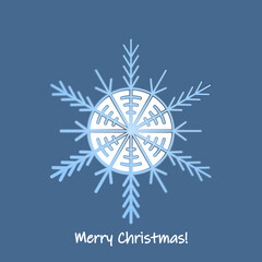 Fototapeta premium Merry Christmas card with white snowflake on blue background. Isolated snowflakes icon. Empty paper shape. Winter cartoon flat illustration. Holiday pattern, banner, frame, postcard, card design