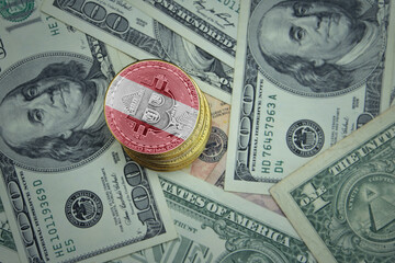 golden shining bitcoins with flag of austria on a dollar money background.