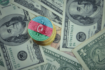 golden shining bitcoins with flag of azerbaijan on a dollar money background.