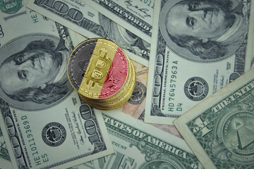 golden shining bitcoins with flag of belgium on a dollar money background.