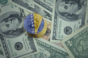 golden shining bitcoins with flag of bosnia and herzegovina on a dollar money background.