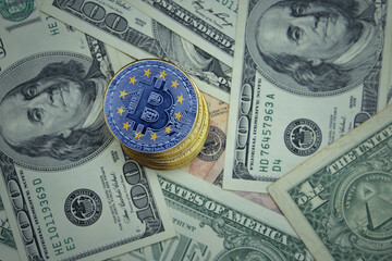 golden shining bitcoins with flag of european union on a dollar money background.