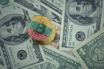 golden shining bitcoins with flag of lithuania on a dollar money background.