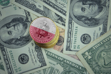 golden shining bitcoins with flag of poland on a dollar money background.