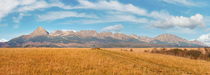 Mount Krivan peak (Slovak symbol) wide panorama with autumn harvested field and some bushes in...