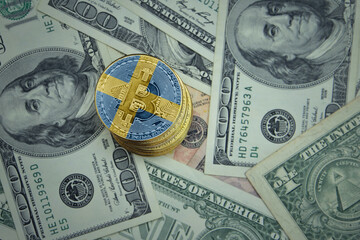 golden shining bitcoins with flag of sweden on a dollar money background.