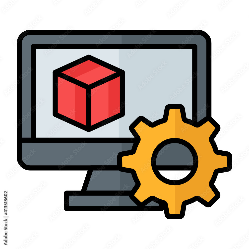 Poster cnc machine configuration vector color icon design, 3d printer head concept, additive manufacturing 